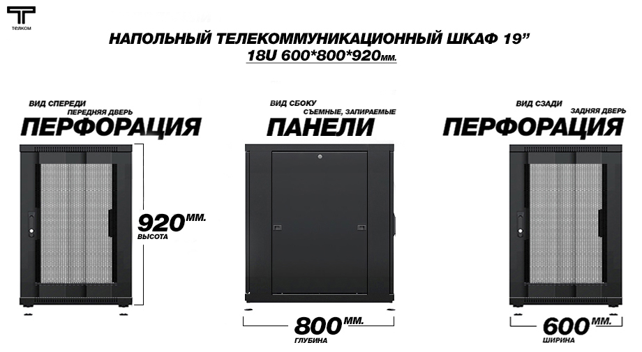 18u (920мм) телекоммуникационный напольный шкаф, глубиной 800мм с перфорированными дверьми.