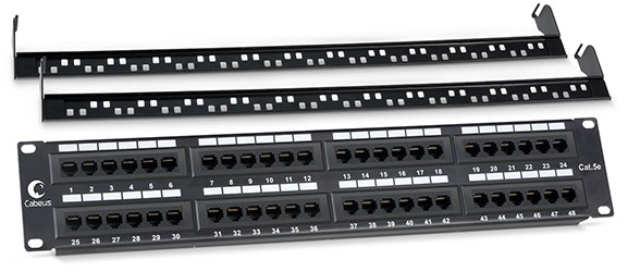 Патч-панель 19 (2U), 48 портов RJ-45, категория 5e, Dual IDC, с задним кабельным организатором.<br />Вид спереди.