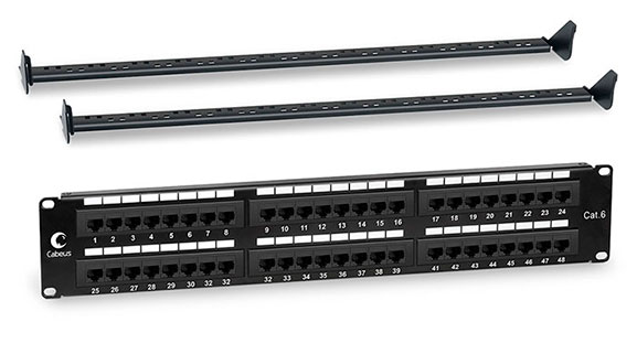 Патч-панель 19 (2U), 48 портов RJ-45, категория 6, Dual IDC, с задним кабельным организатором.<br />Вид спереди.