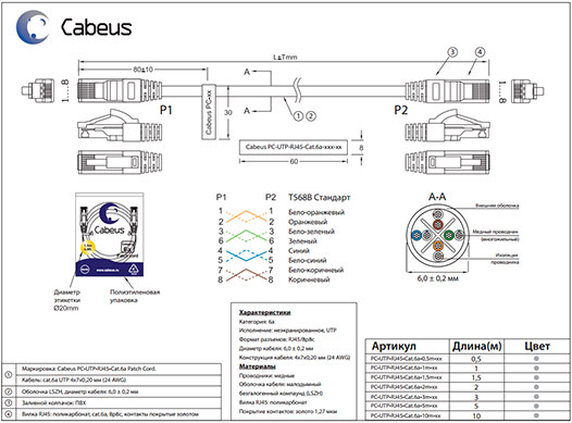 Чертеж неэкранированного патч-корда Cabeus UTP, категория 6a (10Gb).