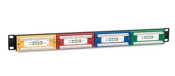 Патч-панель 19 (1U), 24 портов RJ-45, категория 5e, Dual IDC, цветная панель, угол портов 45 градусов.<br />Вид сзади.