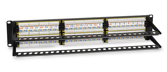 Патч-панель 19 (2U), 48 портов RJ-45, категория 6а, Dual IDC, с задним кабельным организатором.<br />Вид в сборе.