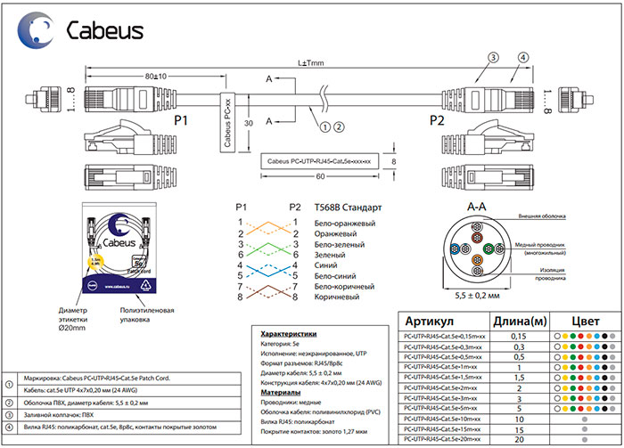 Чертеж неэкранированного патч-корда Cabeus UTP, категория 5e.